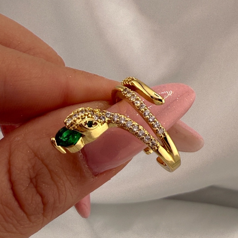 Gold Snake Ring with Green Stone and Pavé Crystals - Picture 11 of 11